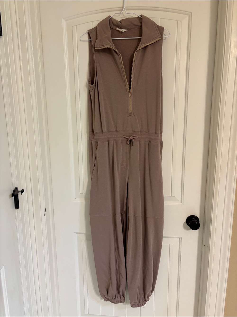 entro Sleeveless Zip-Front Jumpsuit in Taupe